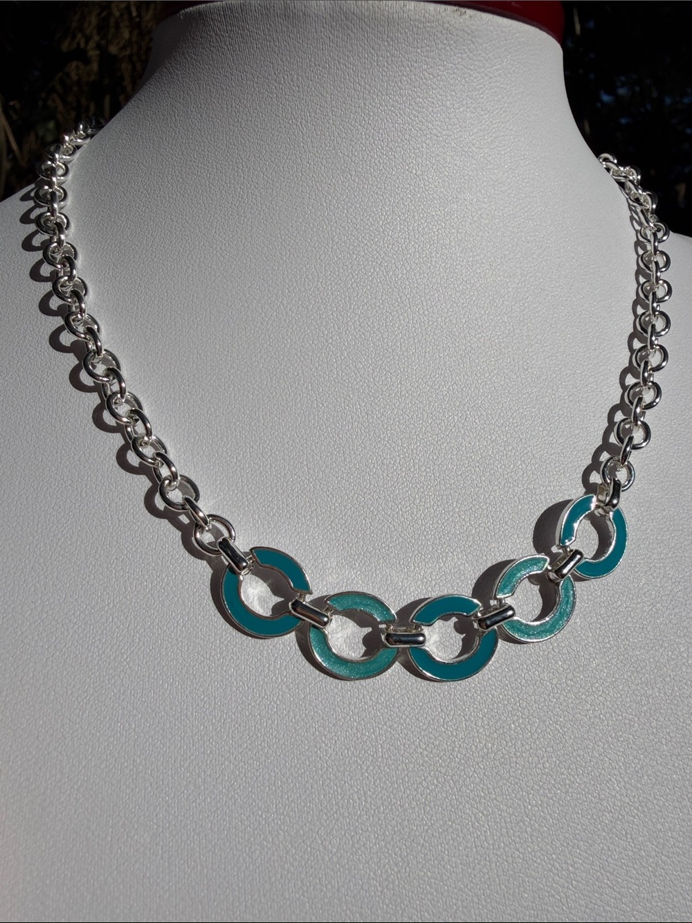 SAQ Silver Tone Teal Turquoise Blue Enamel Circle Link Collar Necklace